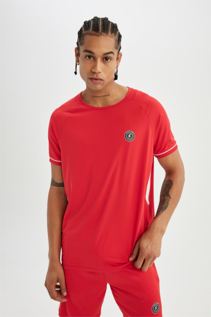 MAN Red Standard Fit Crew Neck Printed Heavy Fabric Sports T-Shirt