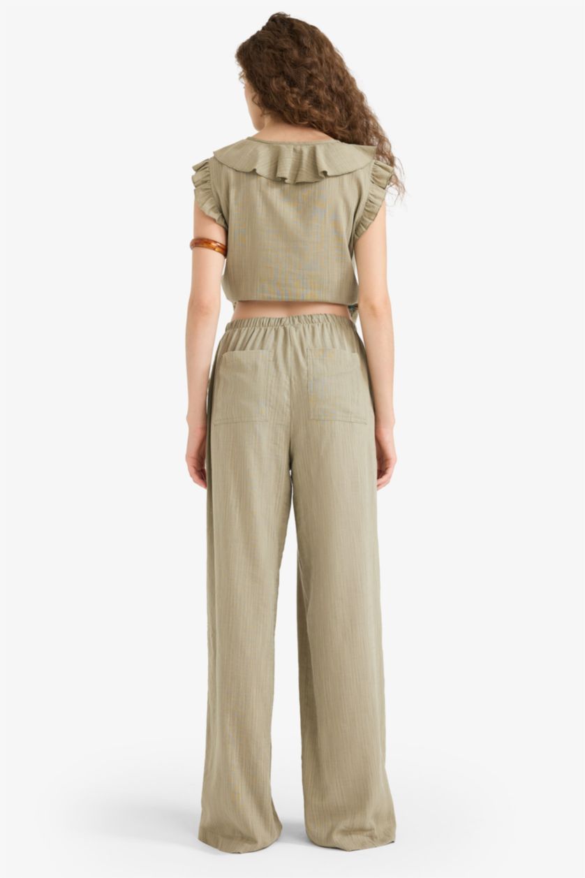 Женщины Хаки Широкие Брюки с Двумя Карманами и Нормальной Талией