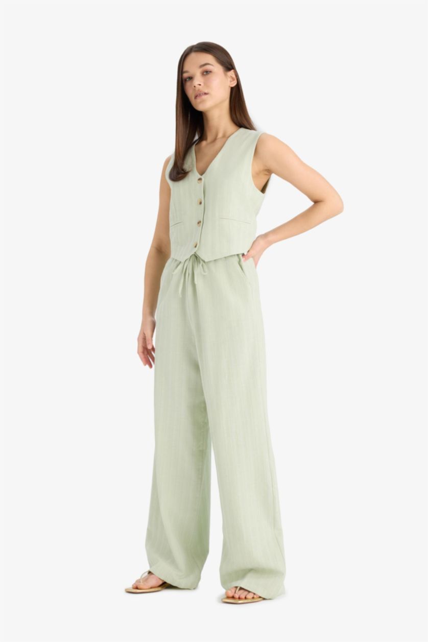 Woman Mint Wide Leg Three Pockets Normal Waist Trousers