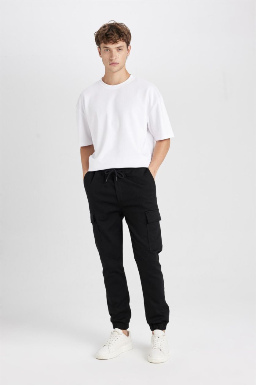 HOMME Noir Pantalon Jogging cargo avec poches à taille élastique