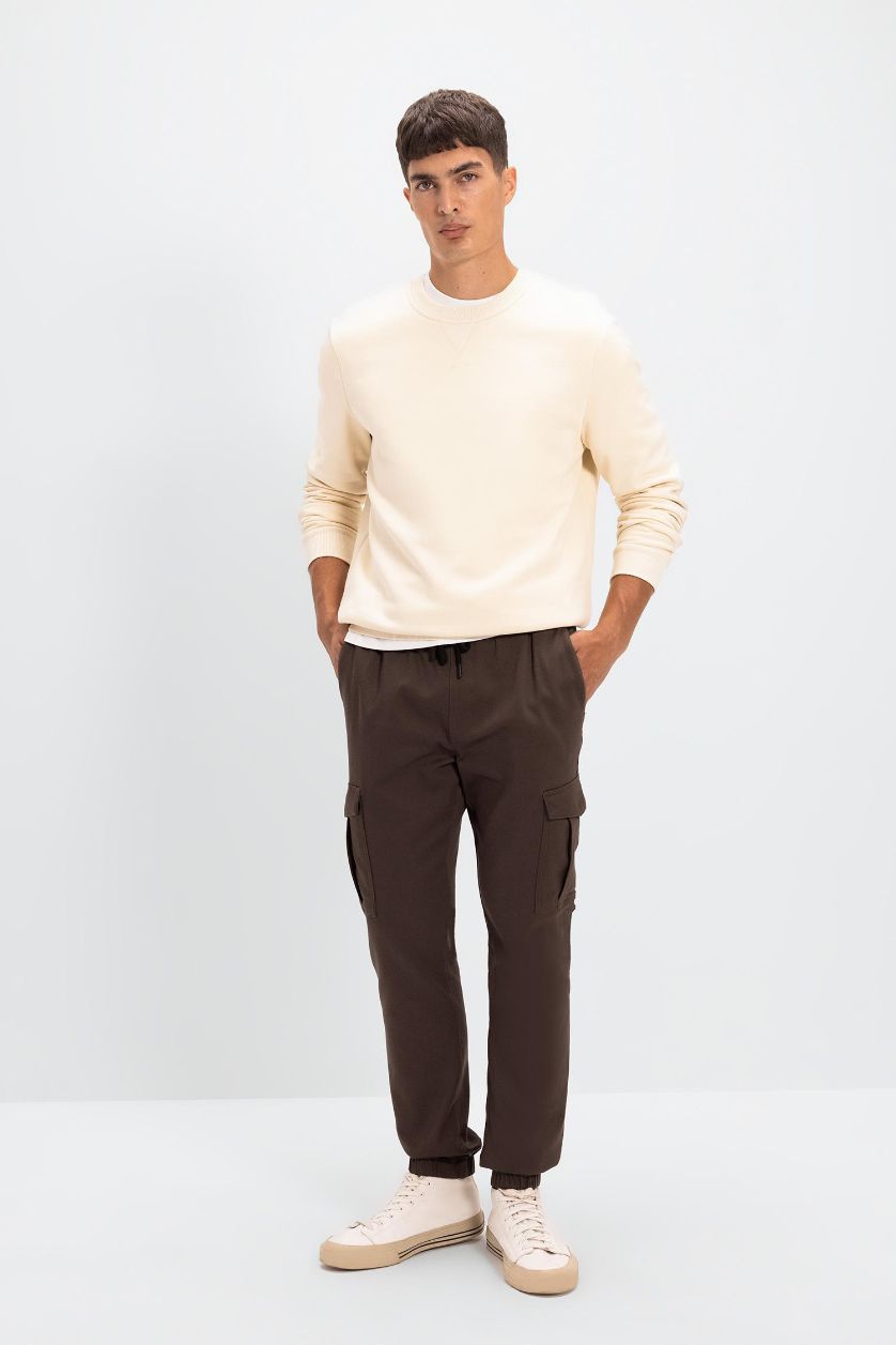 Man Brown Tactical Tied Waist Elastic Leg Jogger Cargo Pants