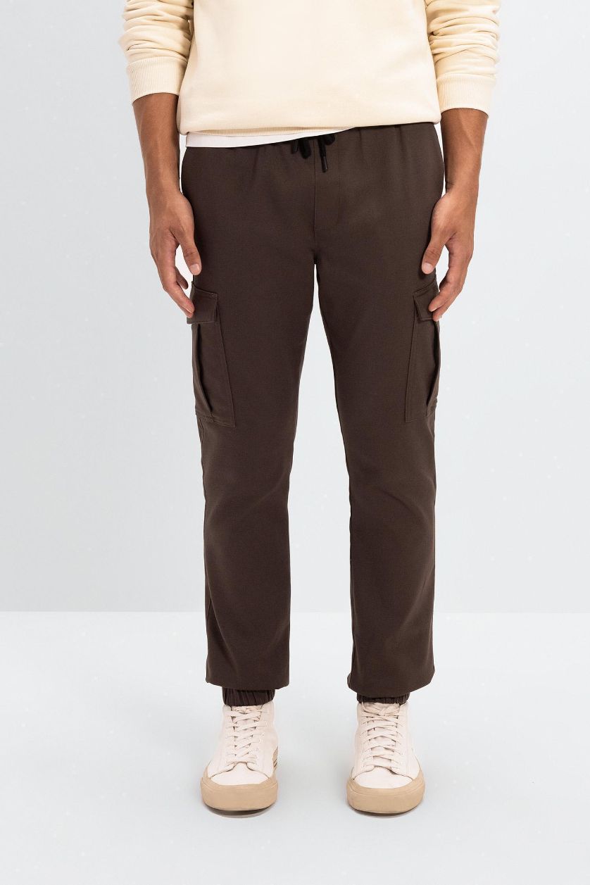 Man Brown Tactical Tied Waist Elastic Leg Jogger Cargo Pants