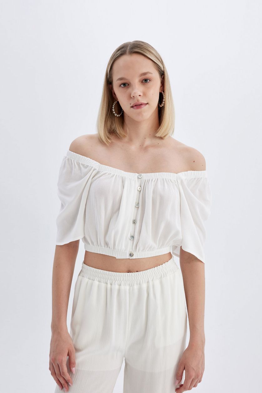 WOMAN White Regular Fit Square Collar Short Sleeve Blouse