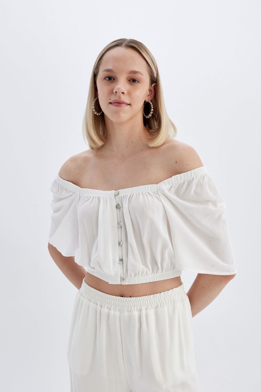 WOMAN White Regular Fit Square Collar Short Sleeve Blouse