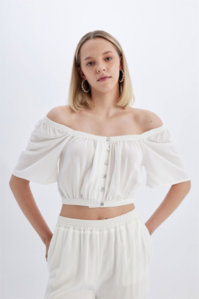 WOMAN White Regular Fit Square Collar Short Sleeve Blouse