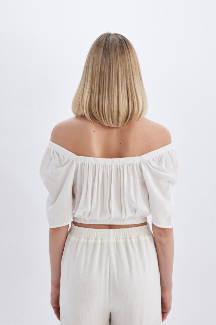 WOMAN White Regular Fit Square Collar Short Sleeve Blouse