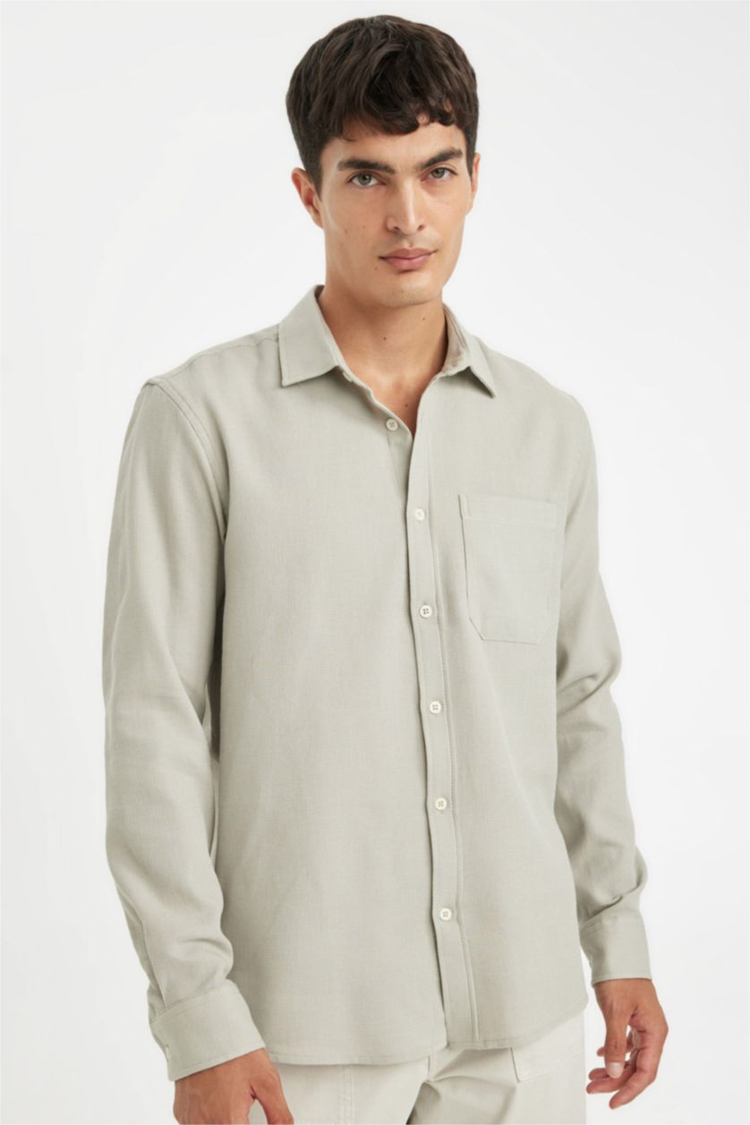 HOMME Gris Chemise à Manches Longues en Tricot Coton à Col Polo