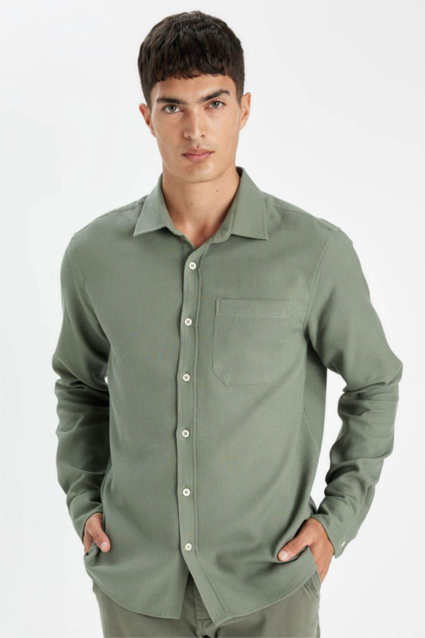 Erkek Haki %100 Pamuk Regular Fit Waffle Basic Düz Uzun Kollu Gömlek