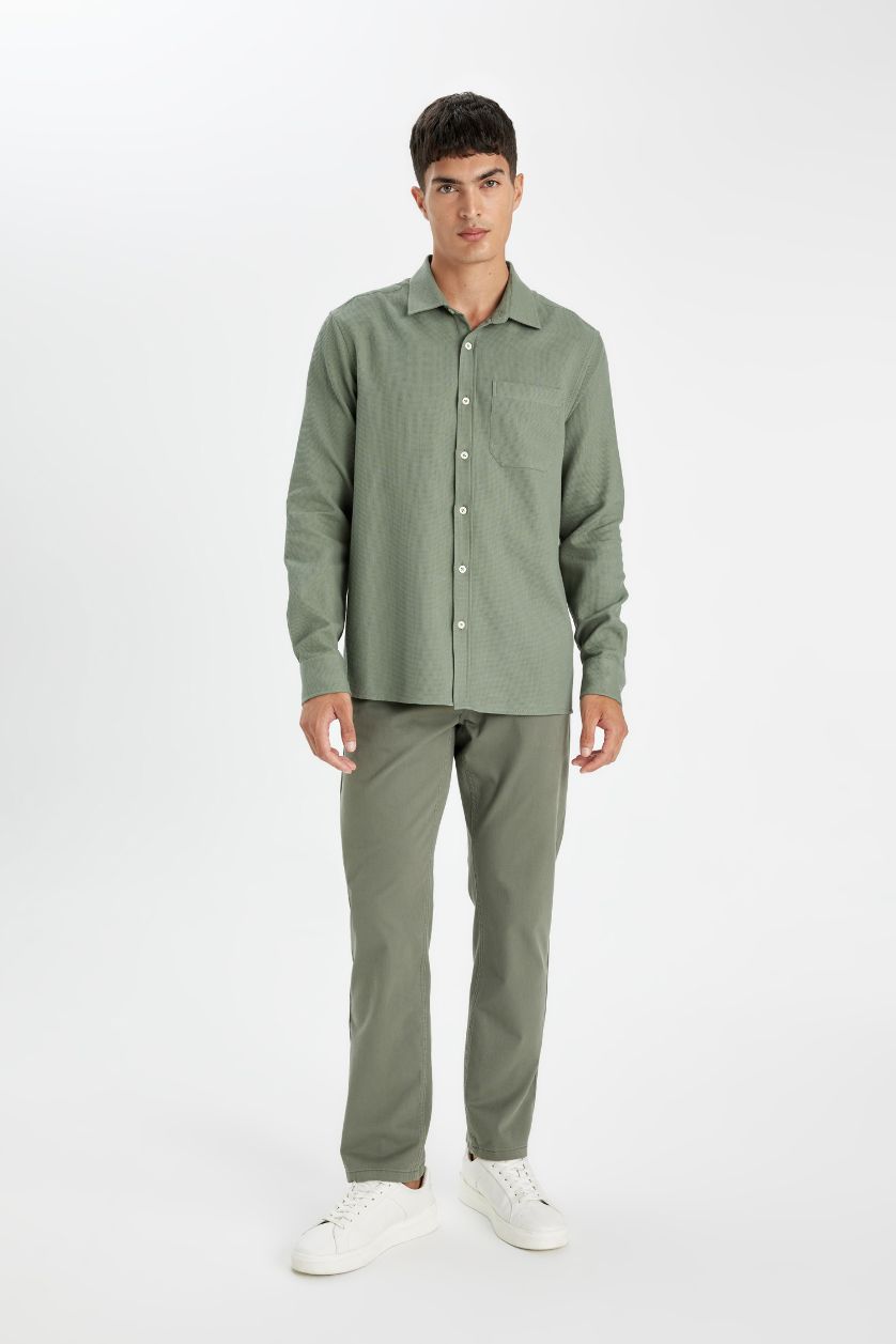 Erkek Haki %100 Pamuk Regular Fit Waffle Basic Düz Uzun Kollu Gömlek