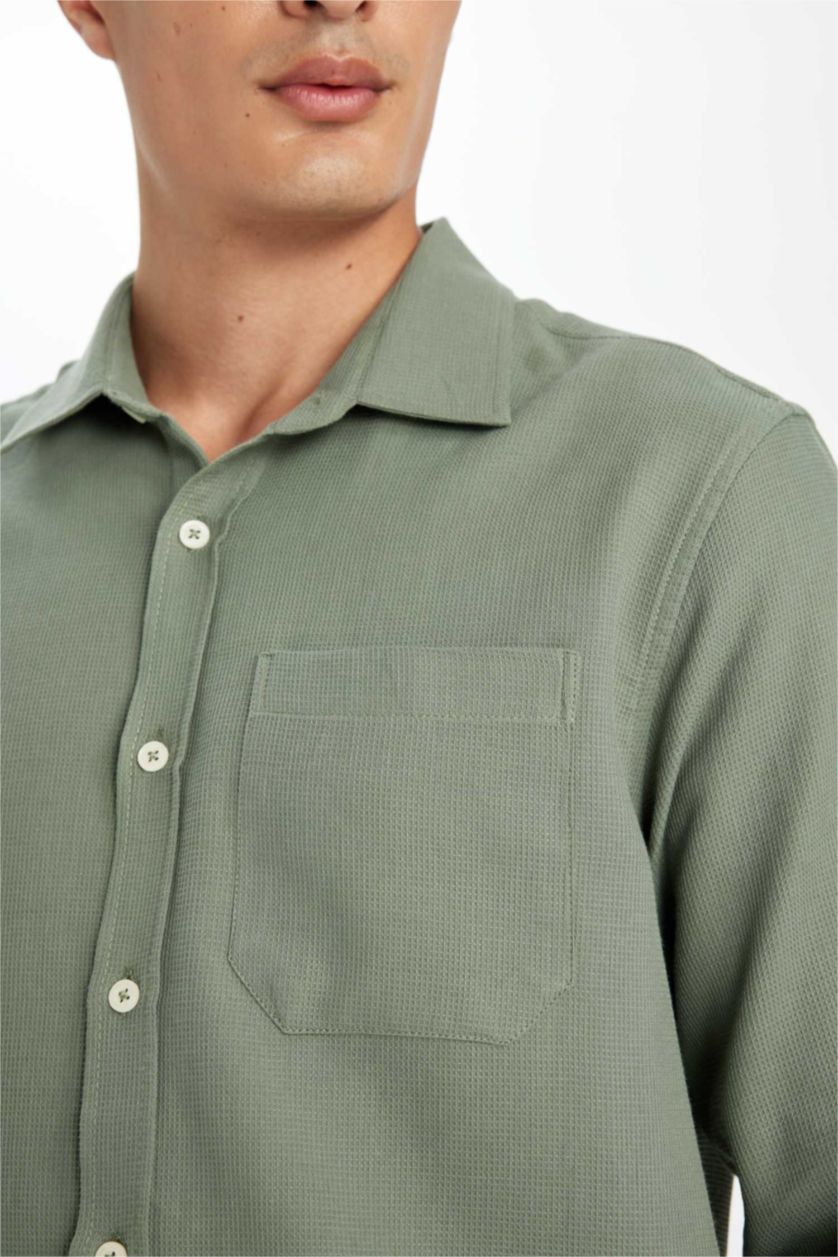 Erkek Haki %100 Pamuk Regular Fit Waffle Basic Düz Uzun Kollu Gömlek