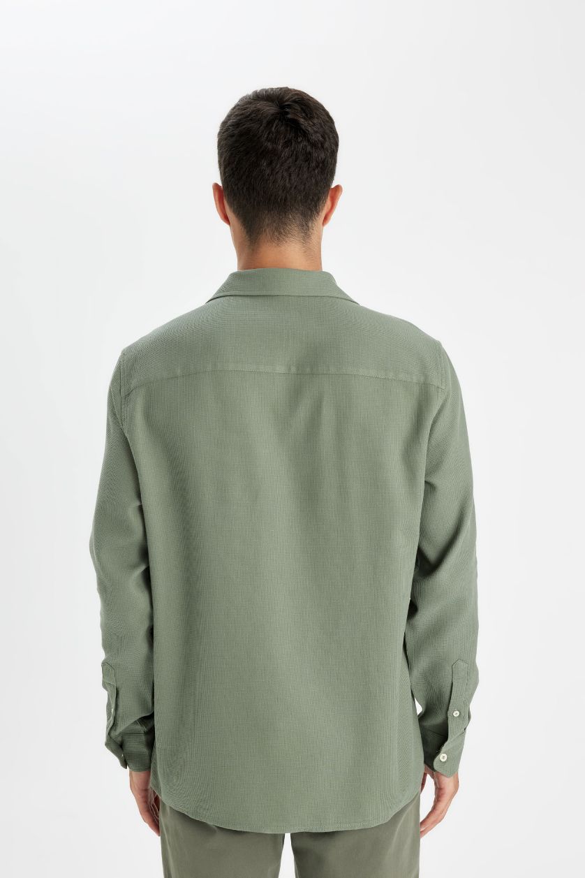 Erkek Haki %100 Pamuk Regular Fit Waffle Basic Düz Uzun Kollu Gömlek