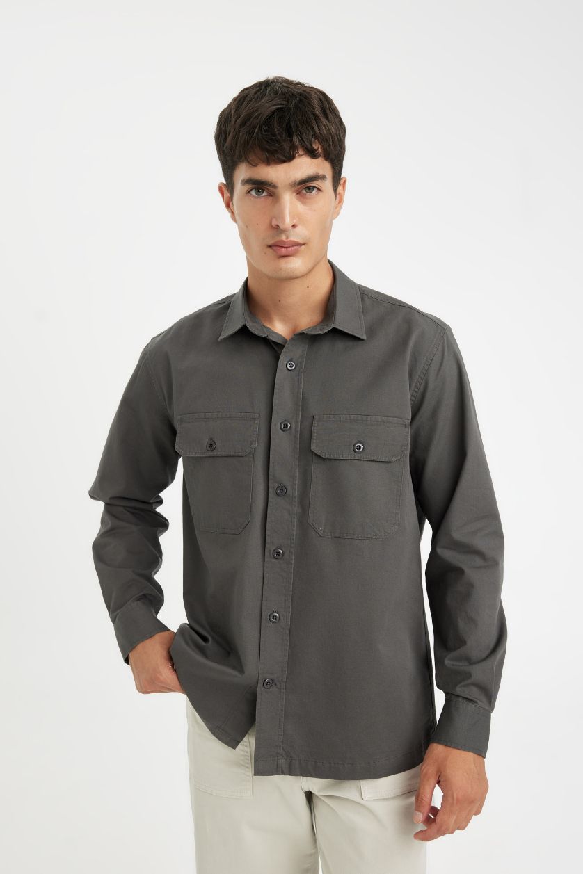 MAN Grey Regular Fit Basic Cotton Shirt