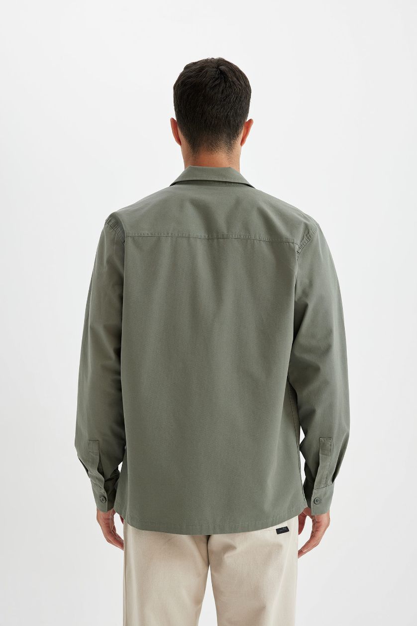 Erkek Haki %100 Pamuk Regular Fit Basic Düz Uzun Kollu Gömlek