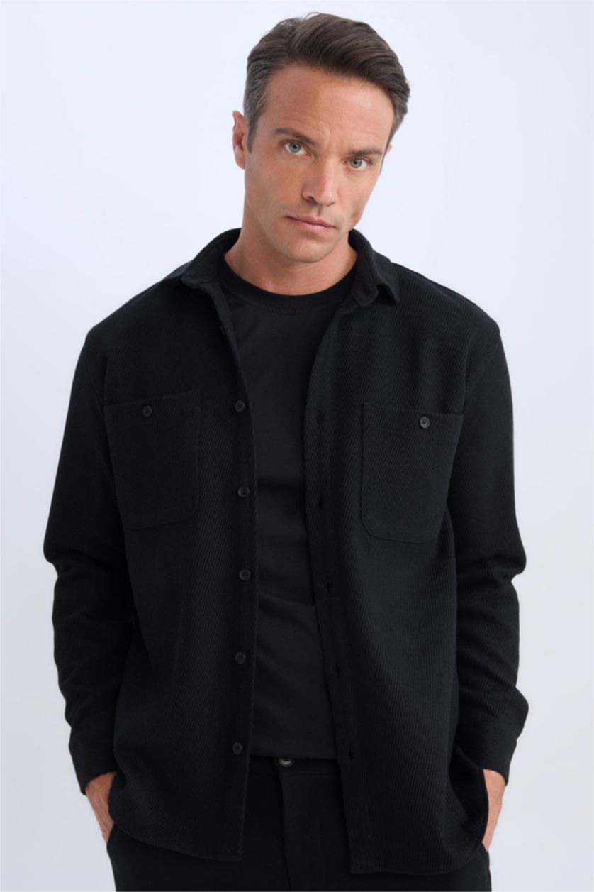 HOMME Noir Chemise en flanelle à col polo et manches longues Coupe relax