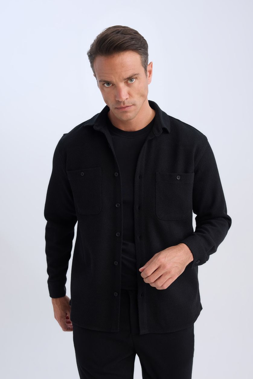 HOMME Noir Chemise en flanelle à col polo et manches longues Coupe relax