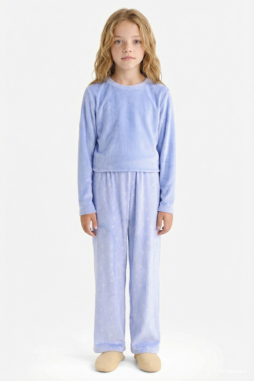 Young Girls - Teen Girls Light Blue Girl Regular Fit Fleece 2 Piece Pyjamas Set