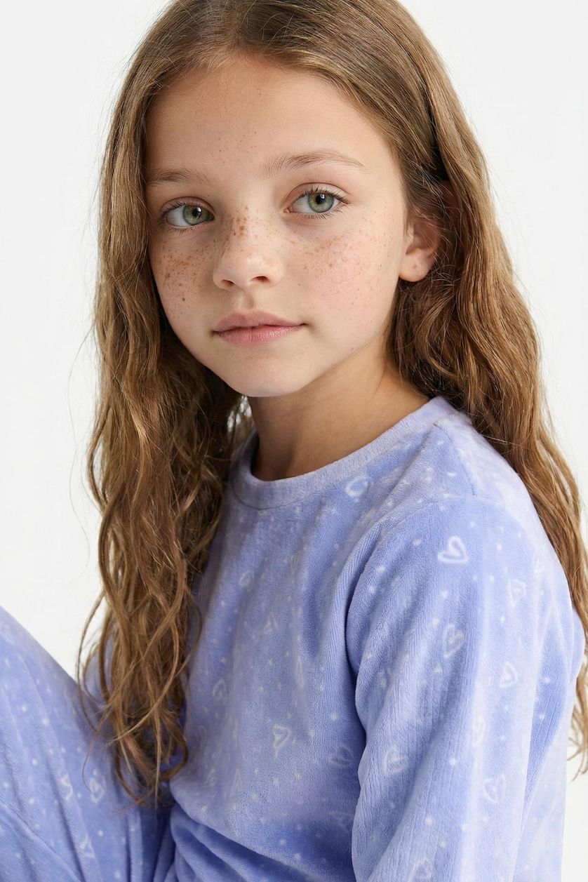 Kız Çocuk - Genç Kız Açık Mavi Pijama Takımı Polar Uzun Kollu Üst Uzun Alt Kız Çocuk