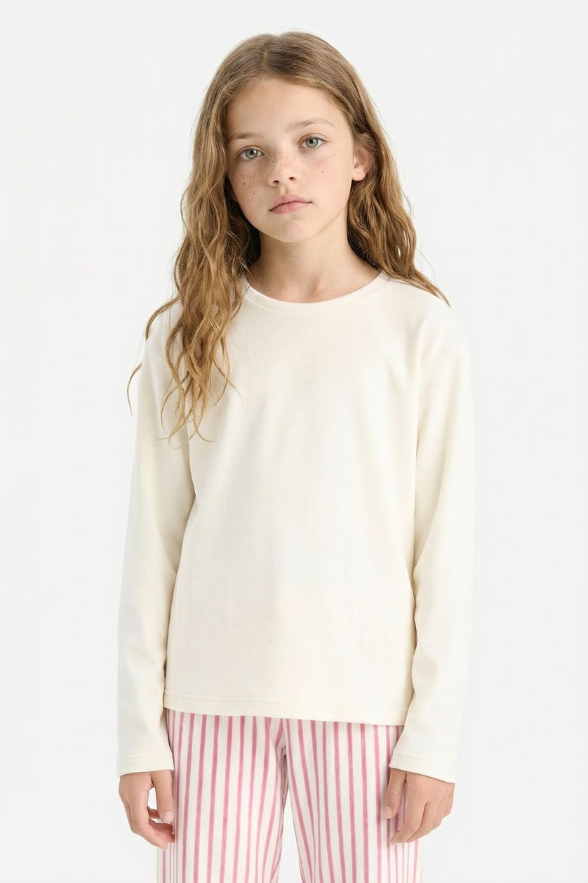 Kız Çocuk - Genç Kız Gülkurusu Pijama Takımı Uzun Kollu Üst Çizgili Uzun Alt Kız Çocuk