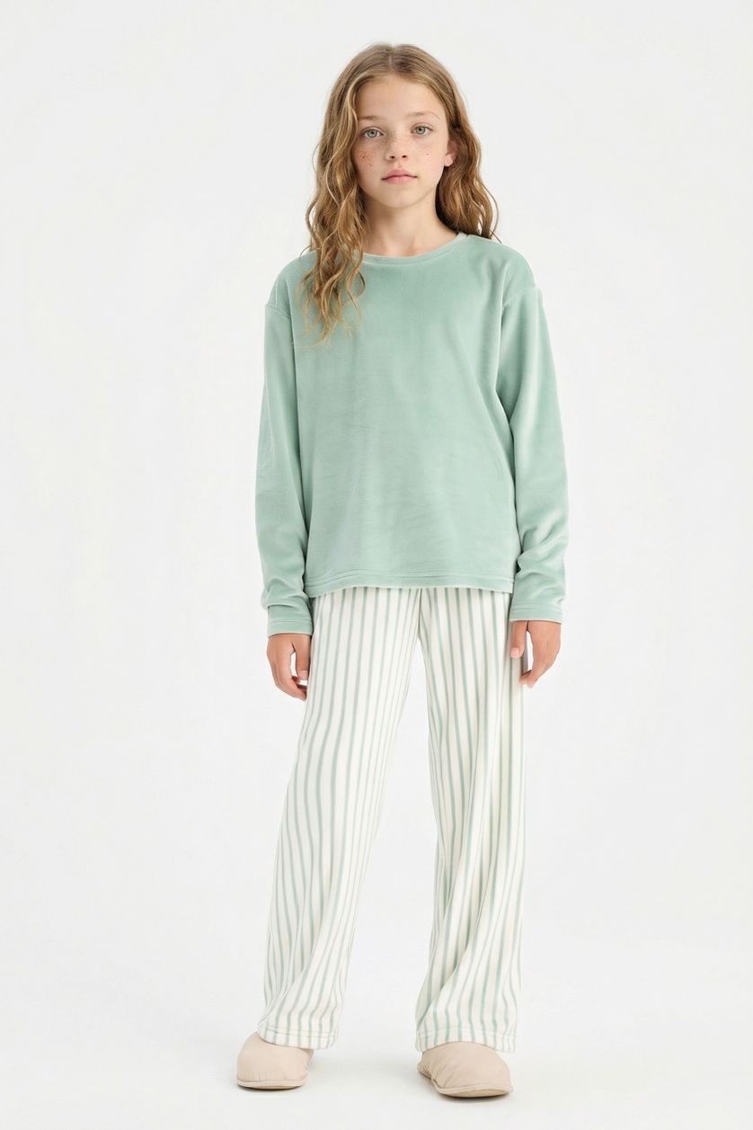 Kız Çocuk - Genç Kız Mint Pijama Takımı Polar Uzun Kollu Üst Çizgili Uzun Alt Kız Çocuk