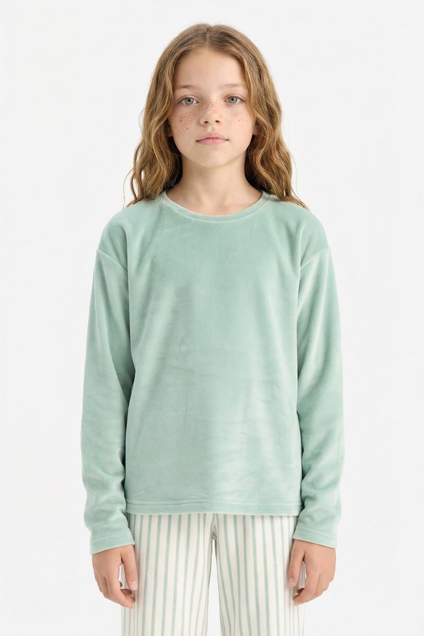 Kız Çocuk - Genç Kız Mint Pijama Takımı Polar Uzun Kollu Üst Çizgili Uzun Alt Kız Çocuk