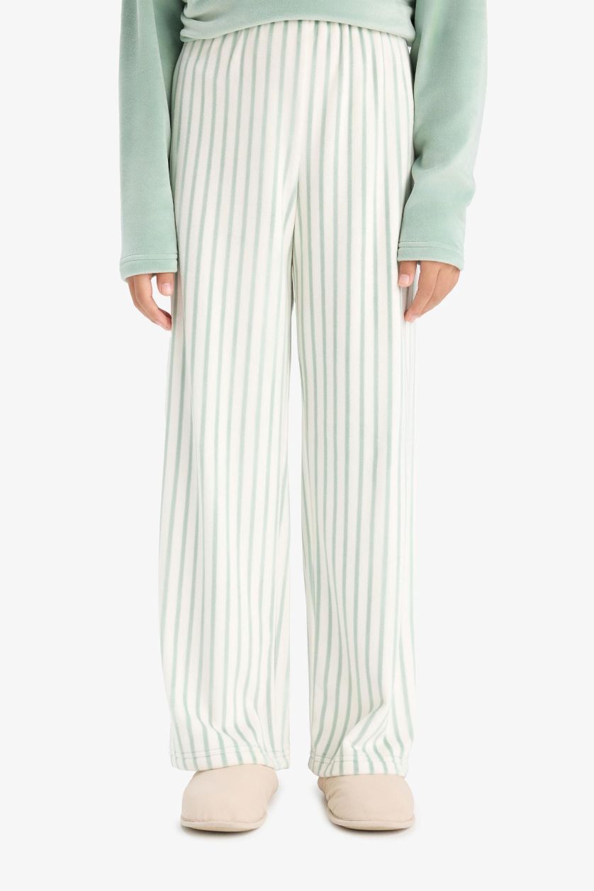 Kız Çocuk - Genç Kız Mint Pijama Takımı Polar Uzun Kollu Üst Çizgili Uzun Alt Kız Çocuk