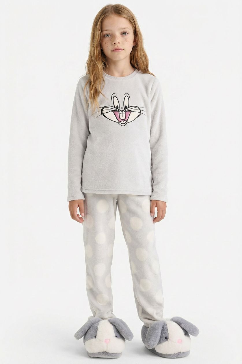 بناتي رمادي فاتح طقم بيجاما تطريز قصة عادية من لوني تونز من قطعتين