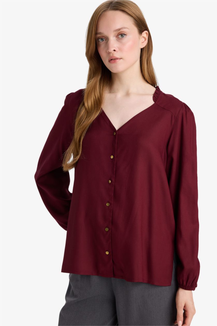 Әйелдерге Бордо қалыпты пішім Ұзын жеңді көйлек