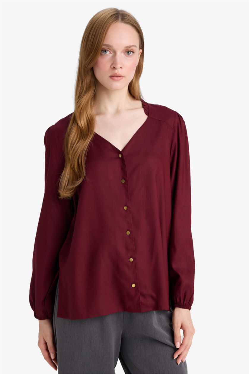 Әйелдерге Бордо қалыпты пішім Ұзын жеңді көйлек