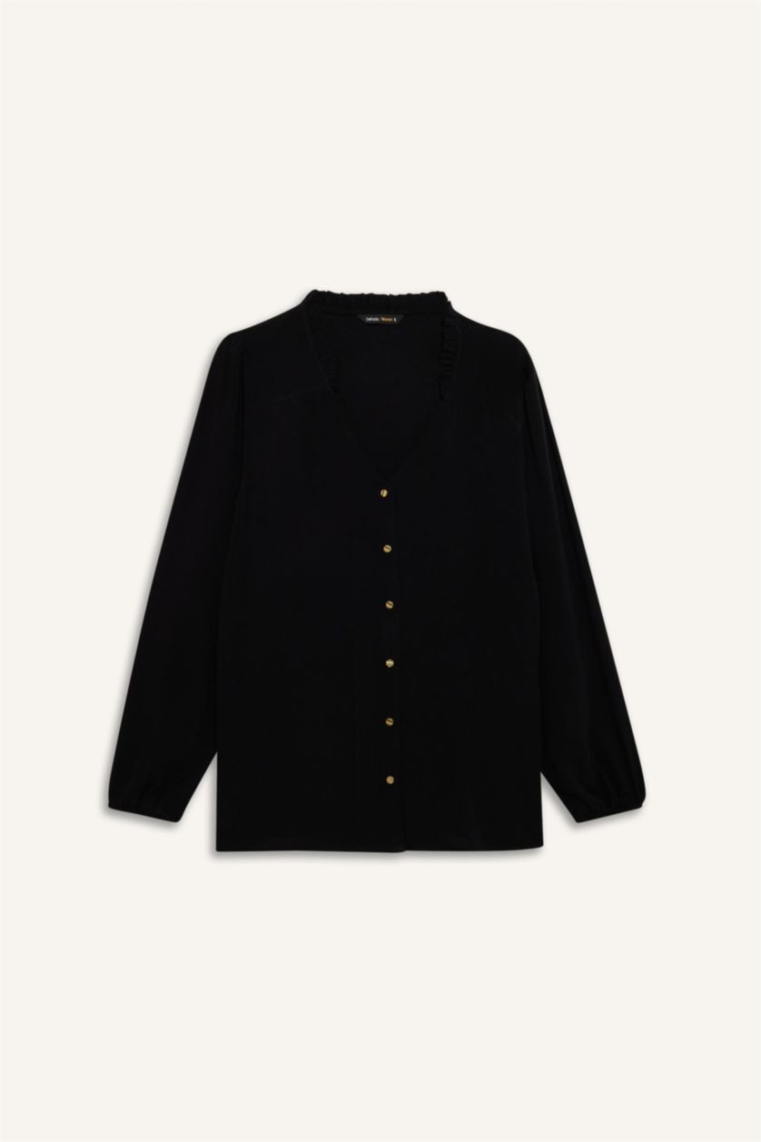 Woman Black Regular Fit V-Neck Long Sleeve Shirt