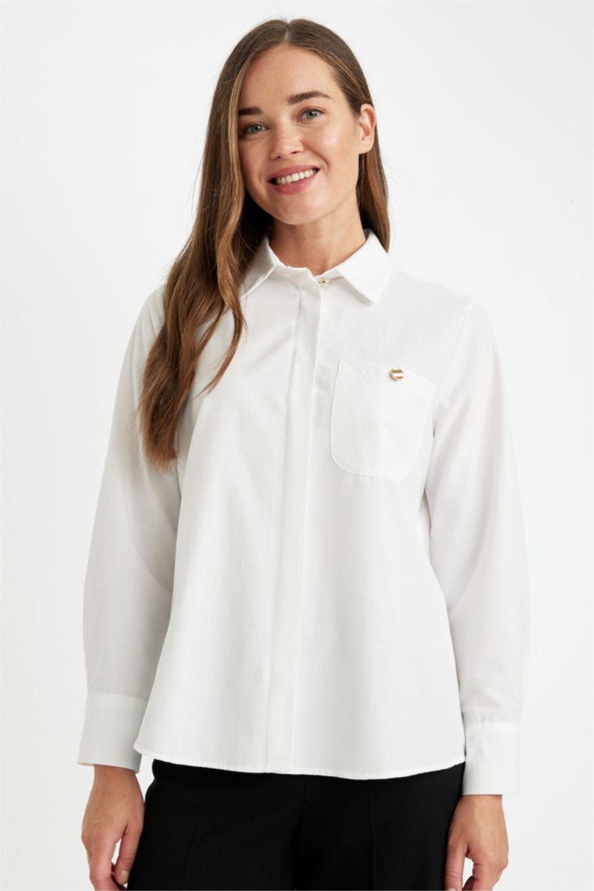 Woman White Relax Fit Shirt Collar Poplin Long Sleeve Shirt