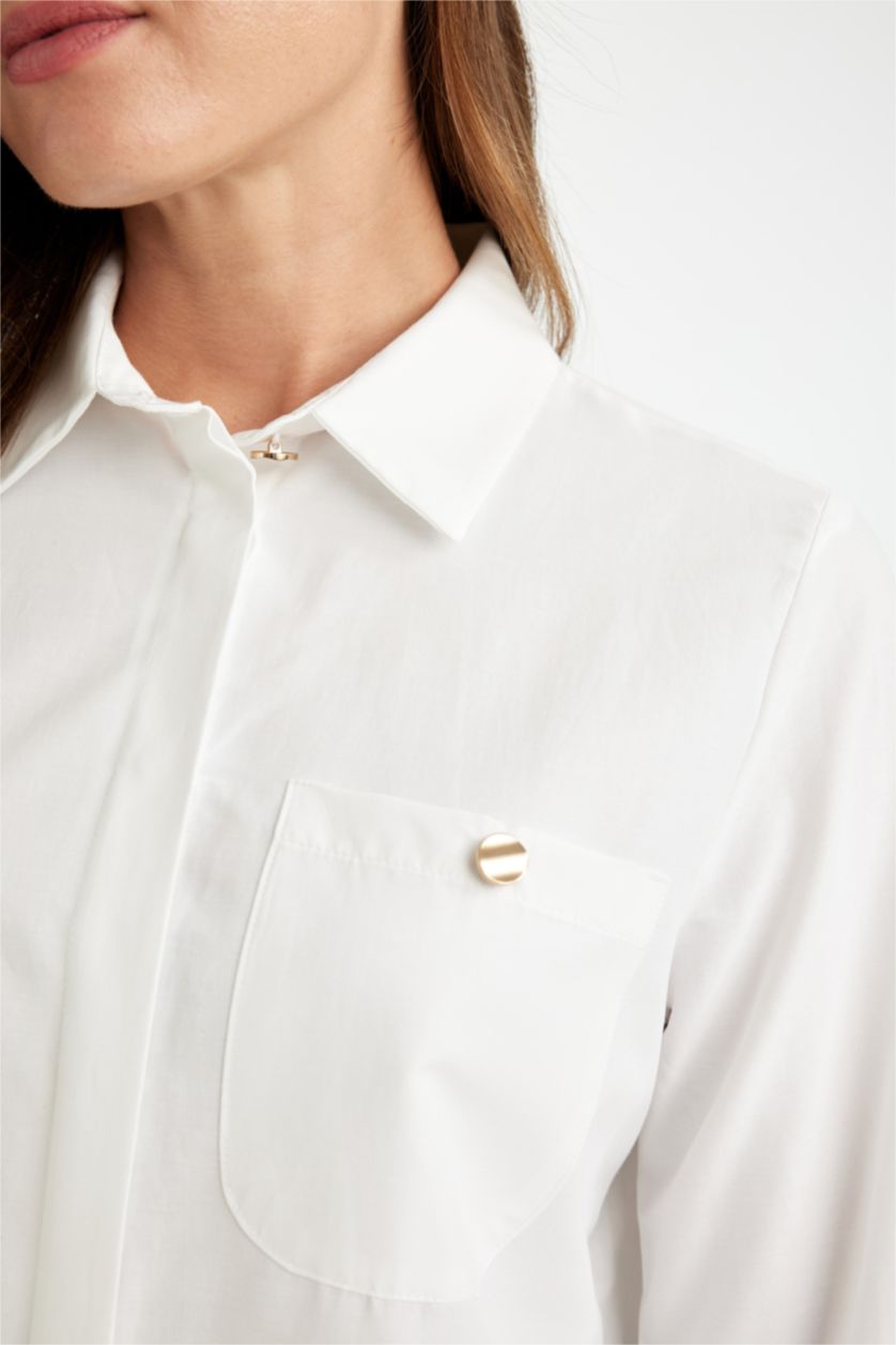 Woman White Relax Fit Shirt Collar Poplin Long Sleeve Shirt