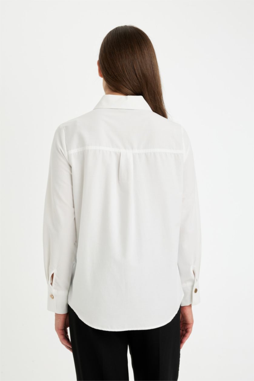 Woman White Relax Fit Shirt Collar Poplin Long Sleeve Shirt