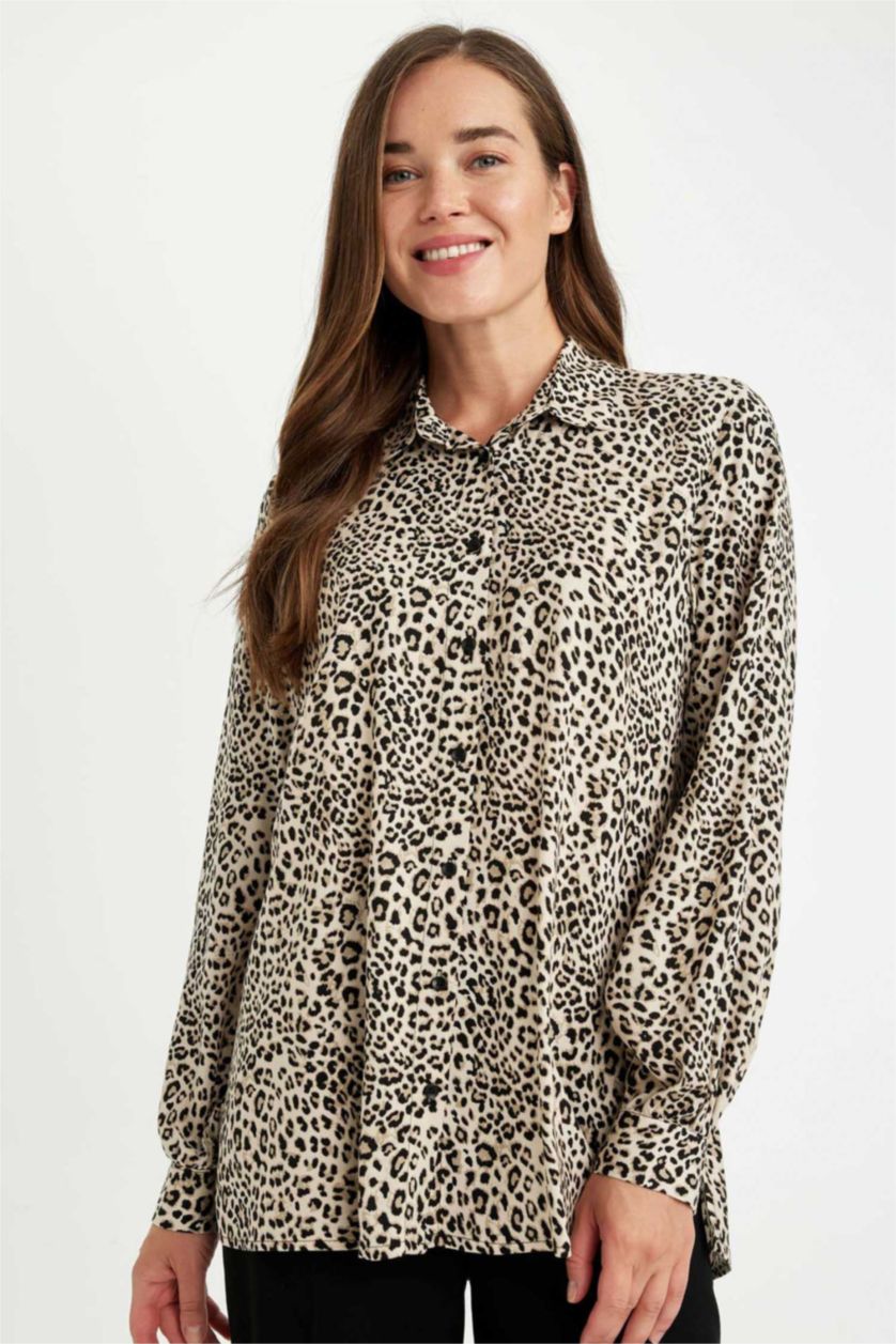 حريمي اللون الحجري قميص تايجر كم طويل قصة مريحة