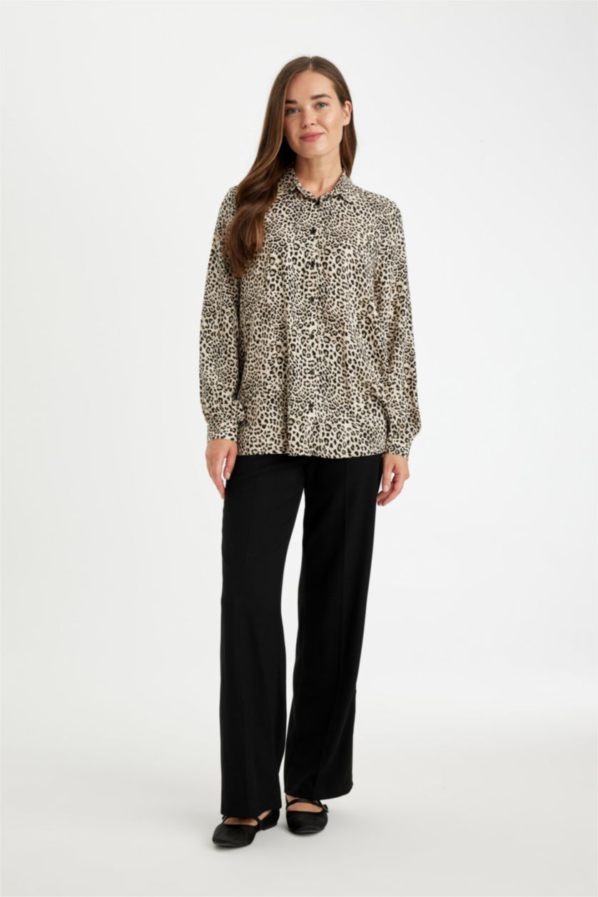 حريمي اللون الحجري قميص تايجر كم طويل قصة مريحة