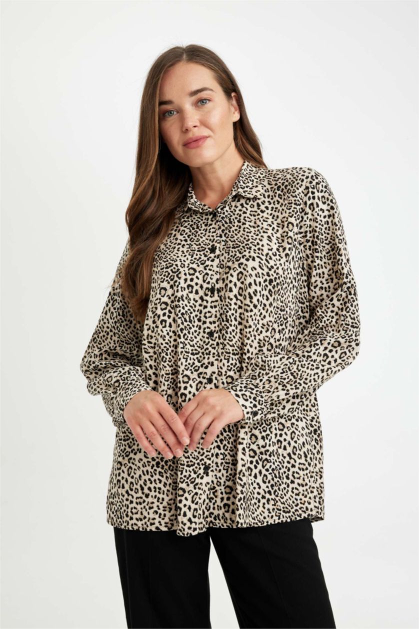 حريمي اللون الحجري قميص تايجر كم طويل قصة مريحة