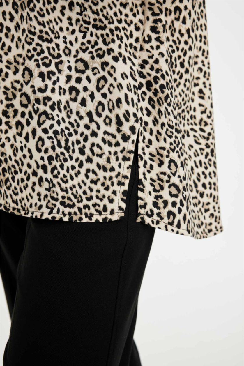 حريمي اللون الحجري قميص تايجر كم طويل قصة مريحة