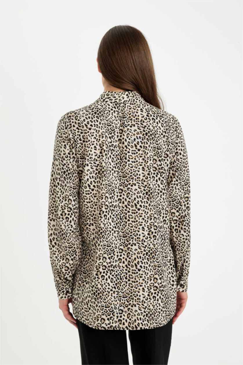 حريمي اللون الحجري قميص تايجر كم طويل قصة مريحة