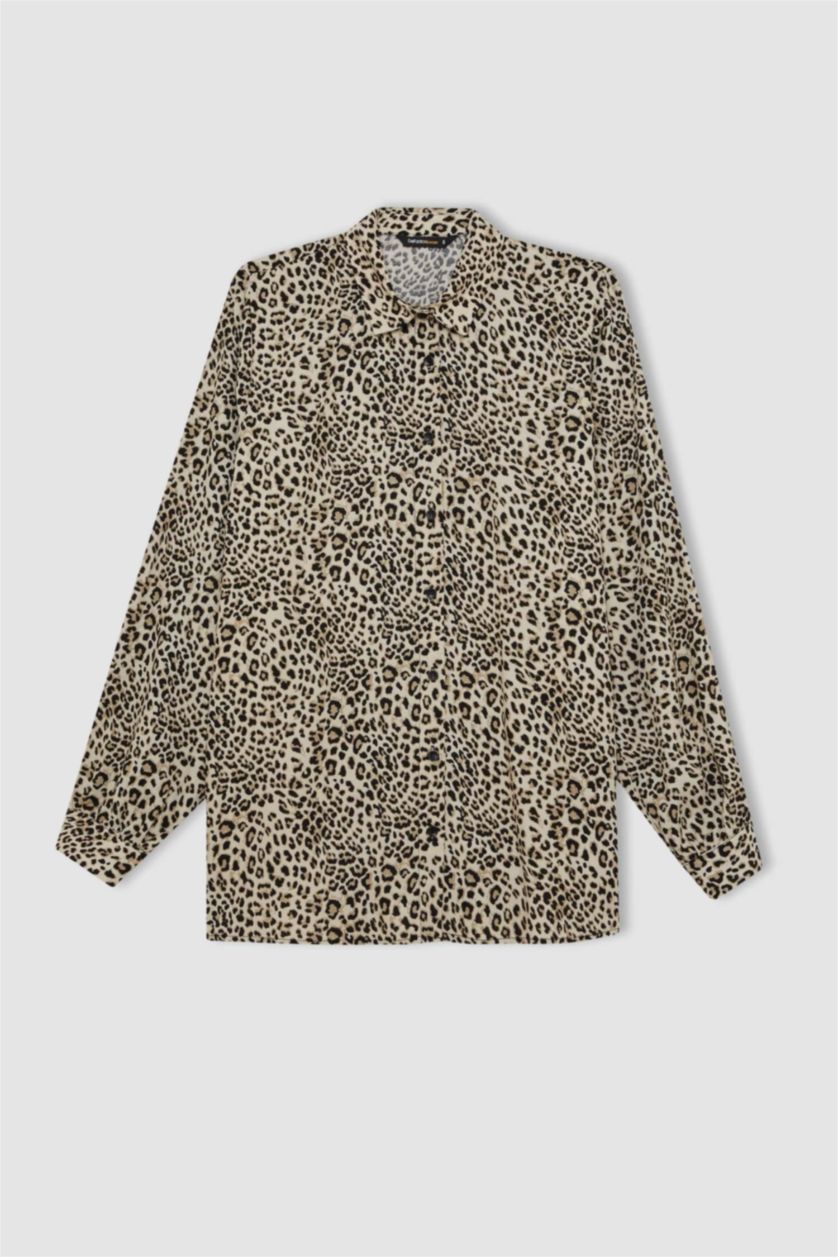 حريمي اللون الحجري قميص تايجر كم طويل قصة مريحة