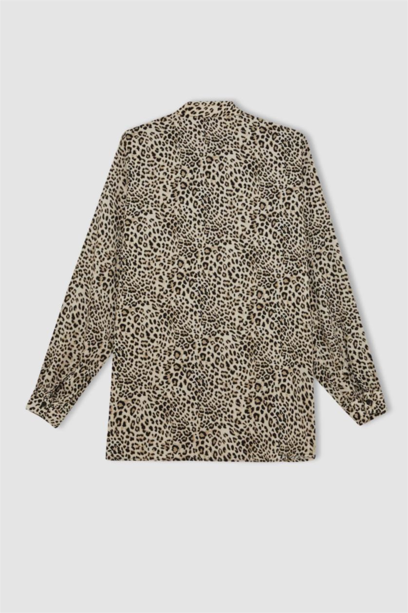 حريمي اللون الحجري قميص تايجر كم طويل قصة مريحة