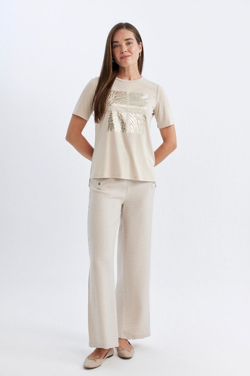 Kadın Taş Wide Leg Pantolon Geniş Bol Paça Basic Düz Düğmeli Cepli