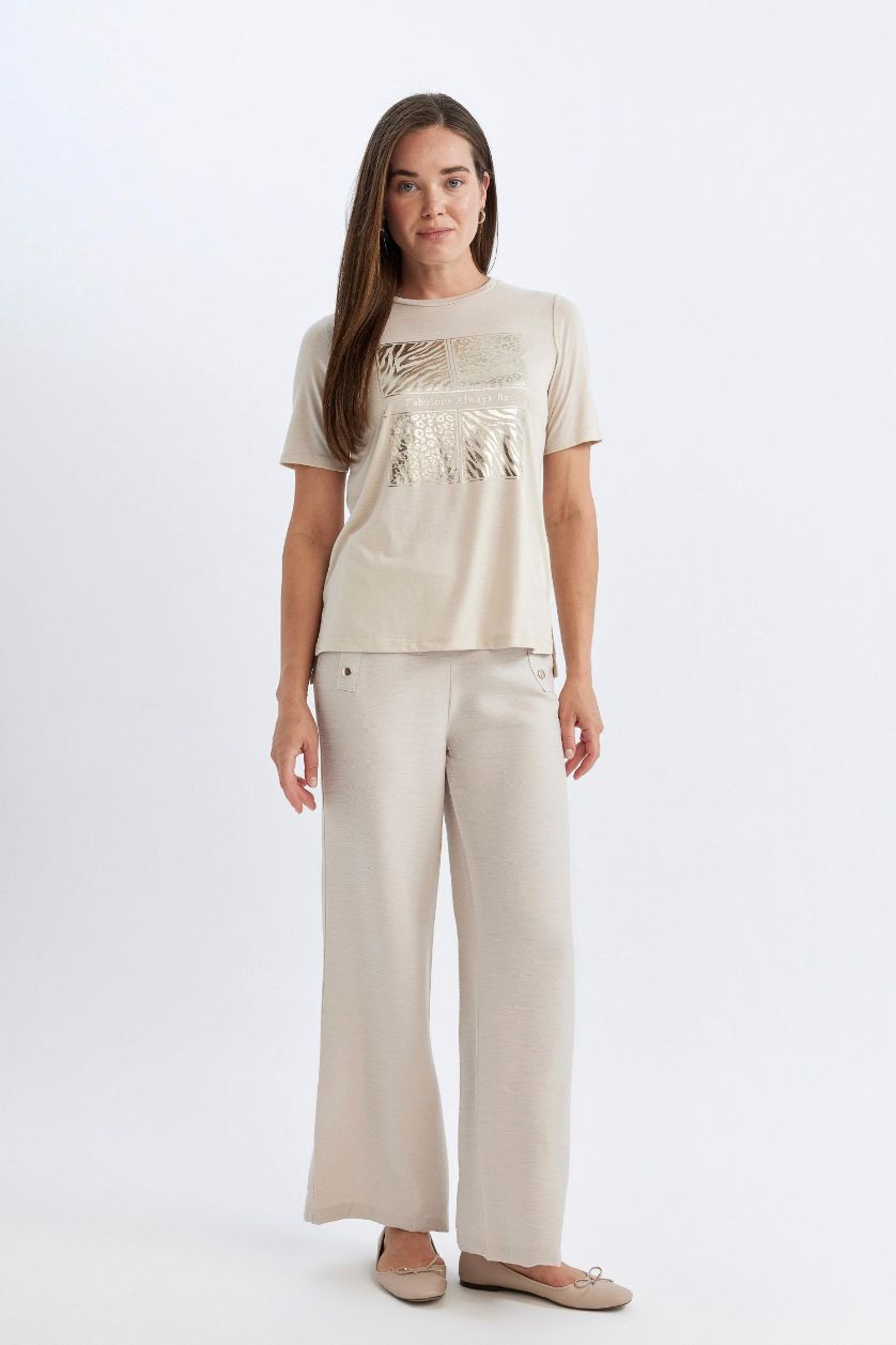 Kadın Taş Wide Leg Pantolon Geniş Bol Paça Basic Düz Düğmeli Cepli