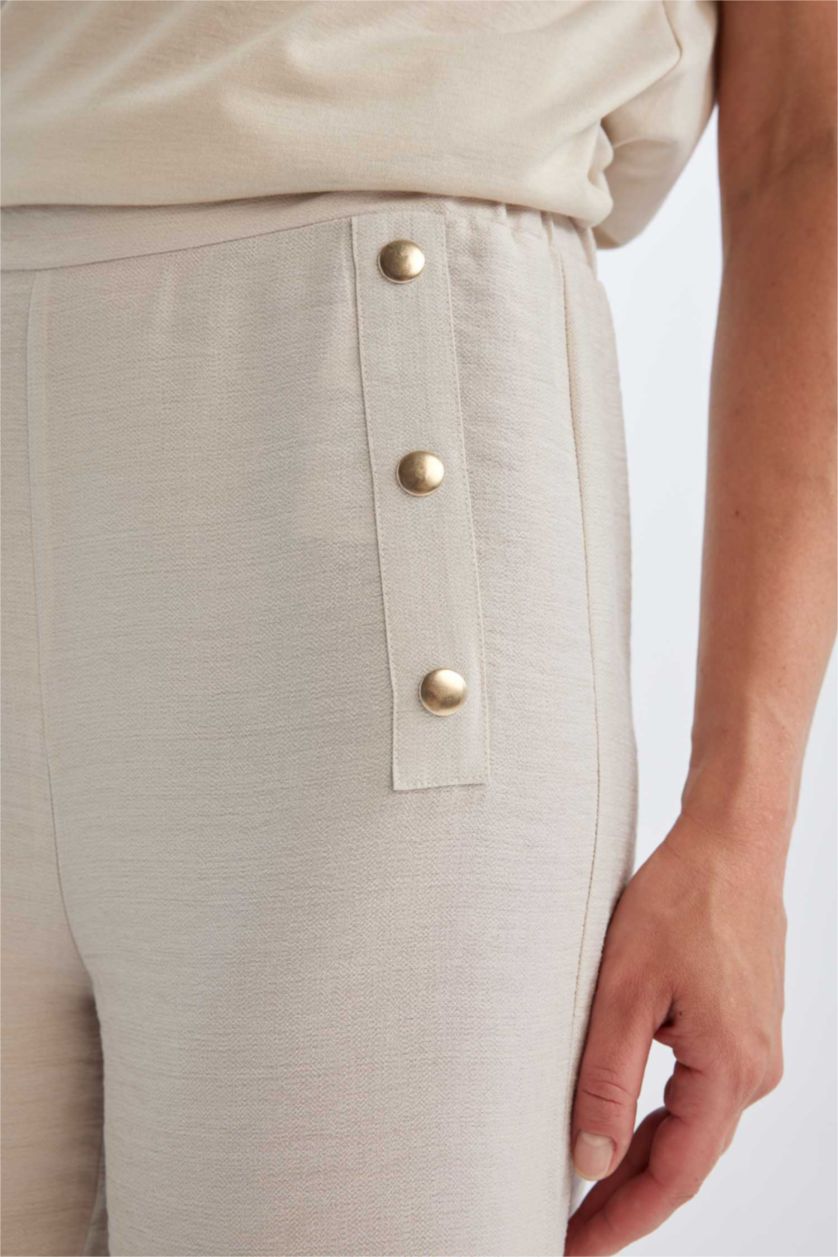 Kadın Taş Wide Leg Pantolon Geniş Bol Paça Basic Düz Düğmeli Cepli