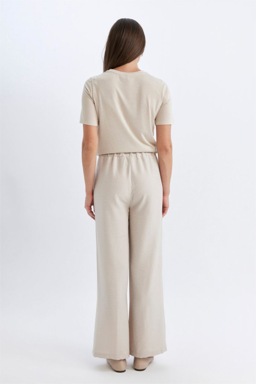 Kadın Taş Wide Leg Pantolon Geniş Bol Paça Basic Düz Düğmeli Cepli