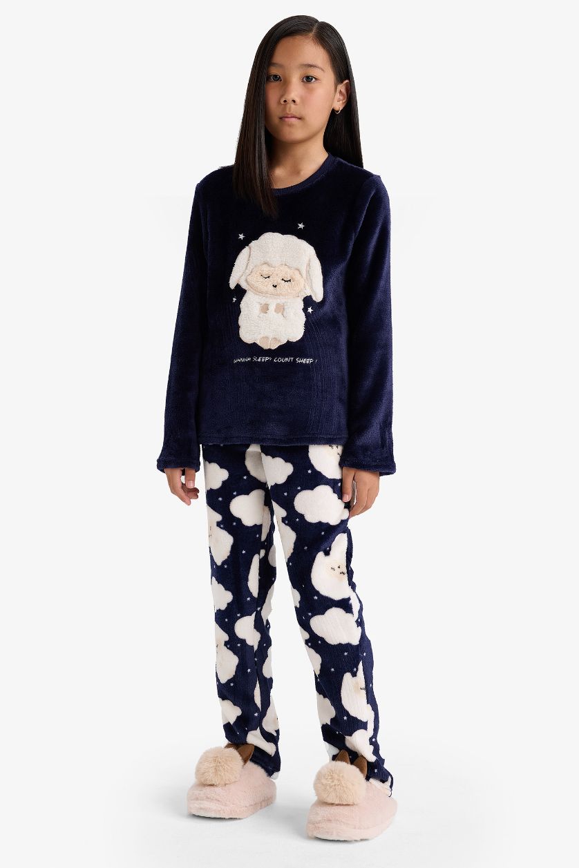 Kız Çocuk - Genç Kız Lacivert Pijama Takımı Pelüş Baskılı Uzun Kollu Üst Desenli Uzun Alt Kız Çocuk