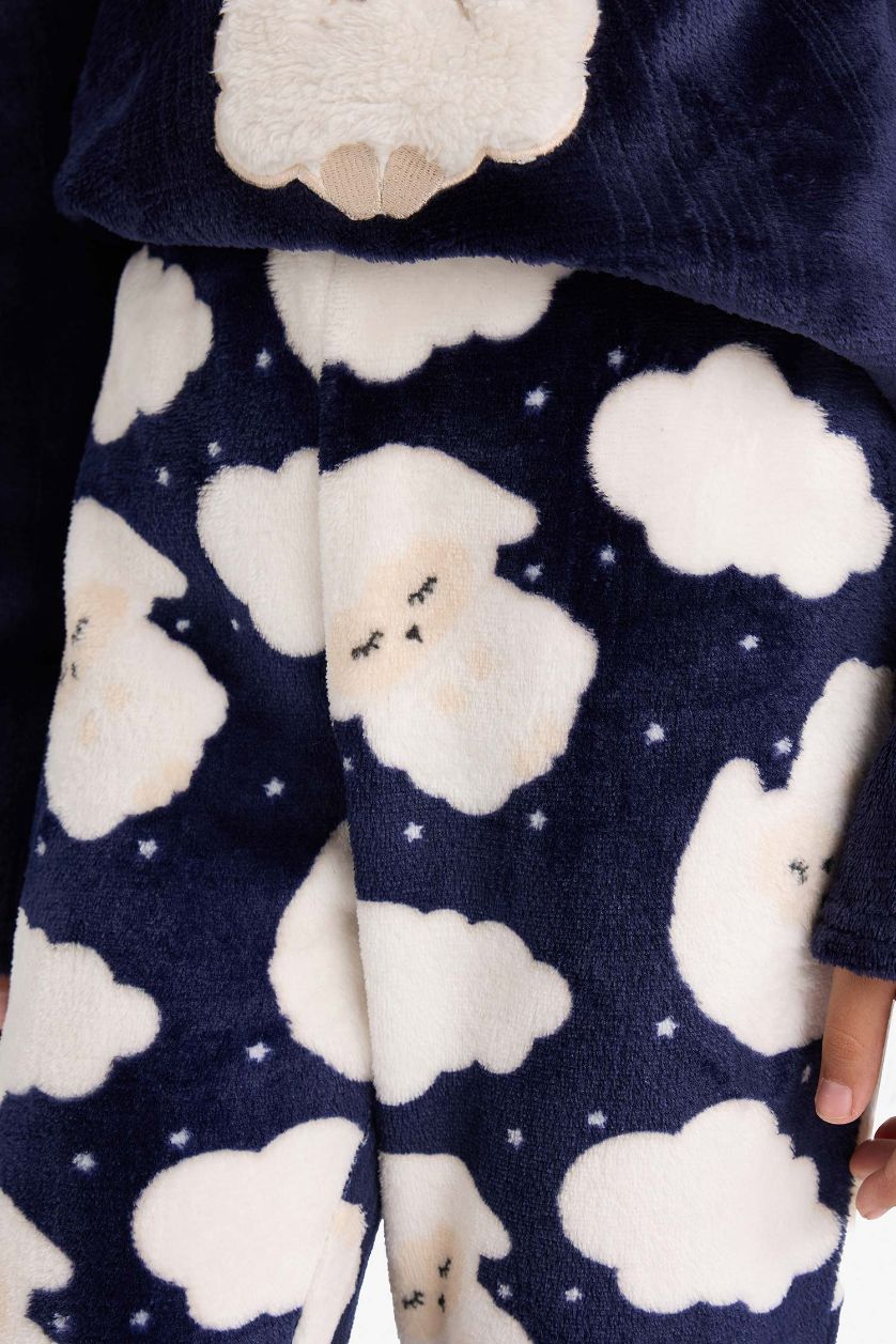 Kız Çocuk - Genç Kız Lacivert Pijama Takımı Pelüş Baskılı Uzun Kollu Üst Desenli Uzun Alt Kız Çocuk