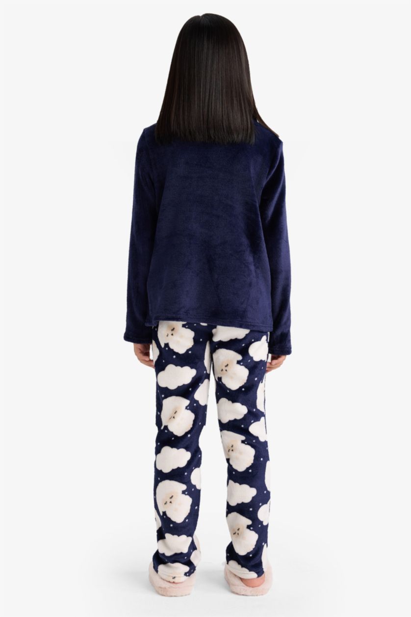 Kız Çocuk - Genç Kız Lacivert Pijama Takımı Pelüş Baskılı Uzun Kollu Üst Desenli Uzun Alt Kız Çocuk