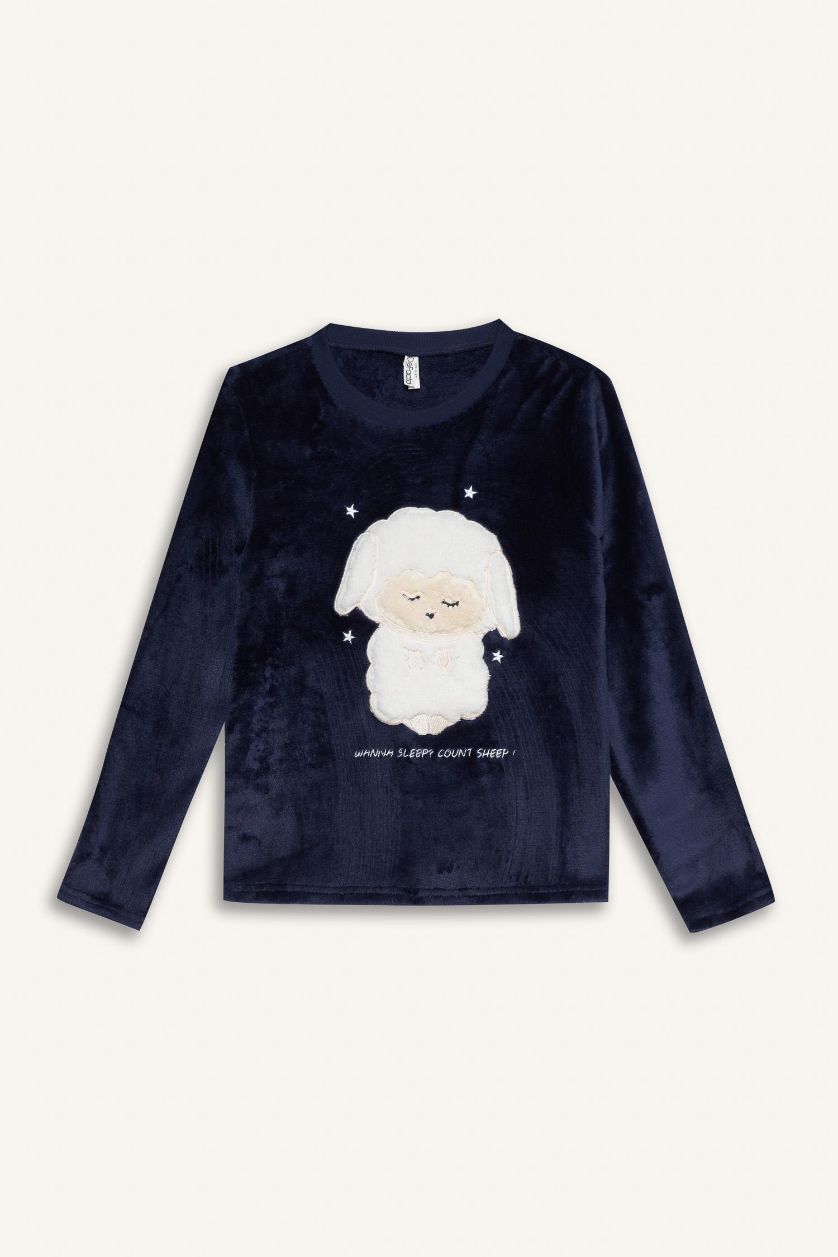 Kız Çocuk - Genç Kız Lacivert Pijama Takımı Pelüş Baskılı Uzun Kollu Üst Desenli Uzun Alt Kız Çocuk