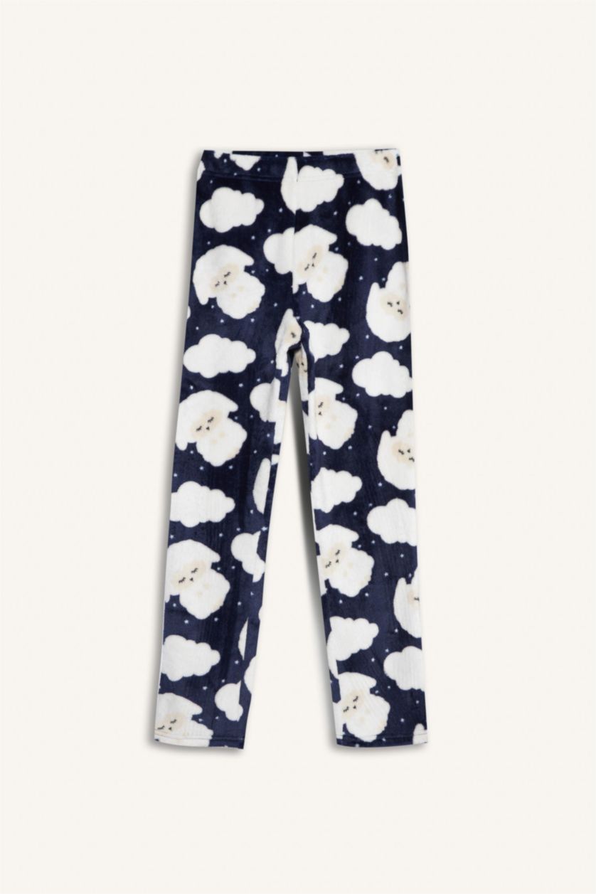 Kız Çocuk - Genç Kız Lacivert Pijama Takımı Pelüş Baskılı Uzun Kollu Üst Desenli Uzun Alt Kız Çocuk