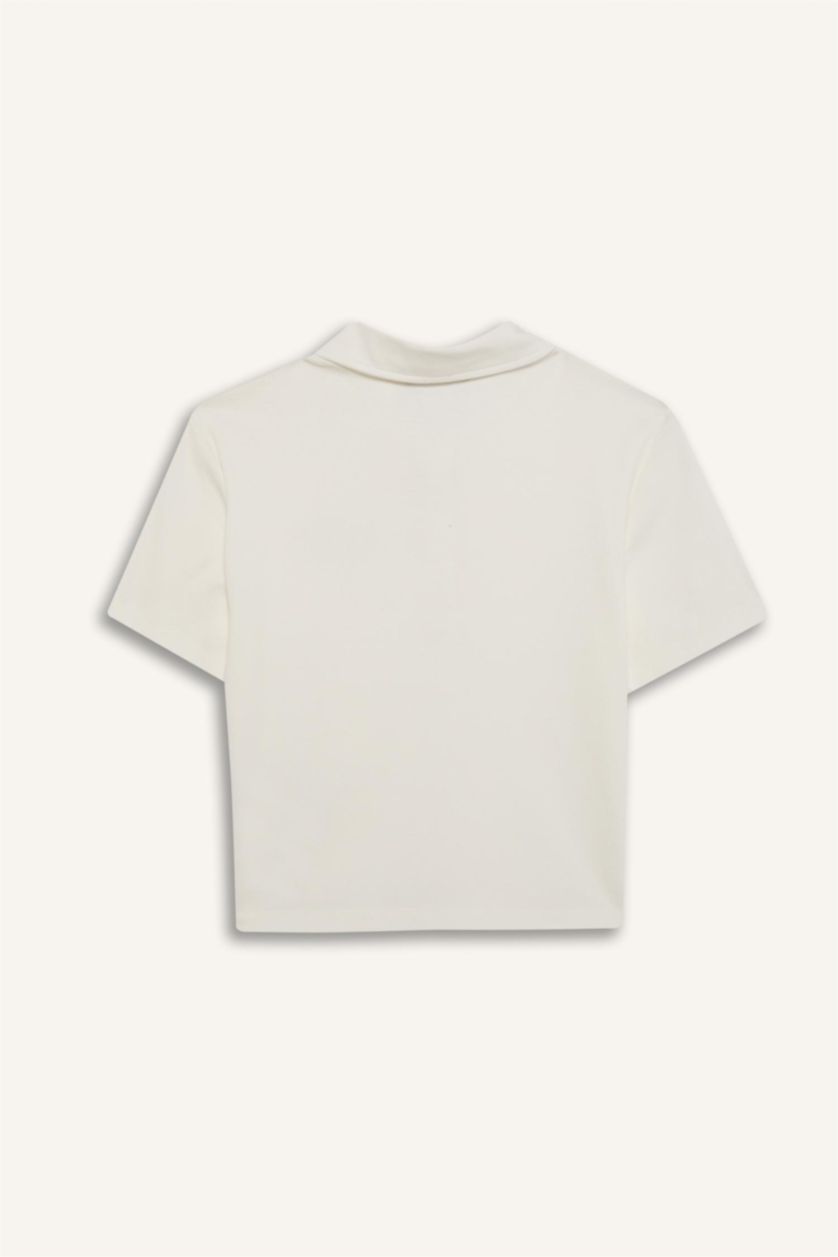 نساء اوف وايت تيشيرت بولو نص كم نسيج مشروط بطبعة شعار سليم فيت