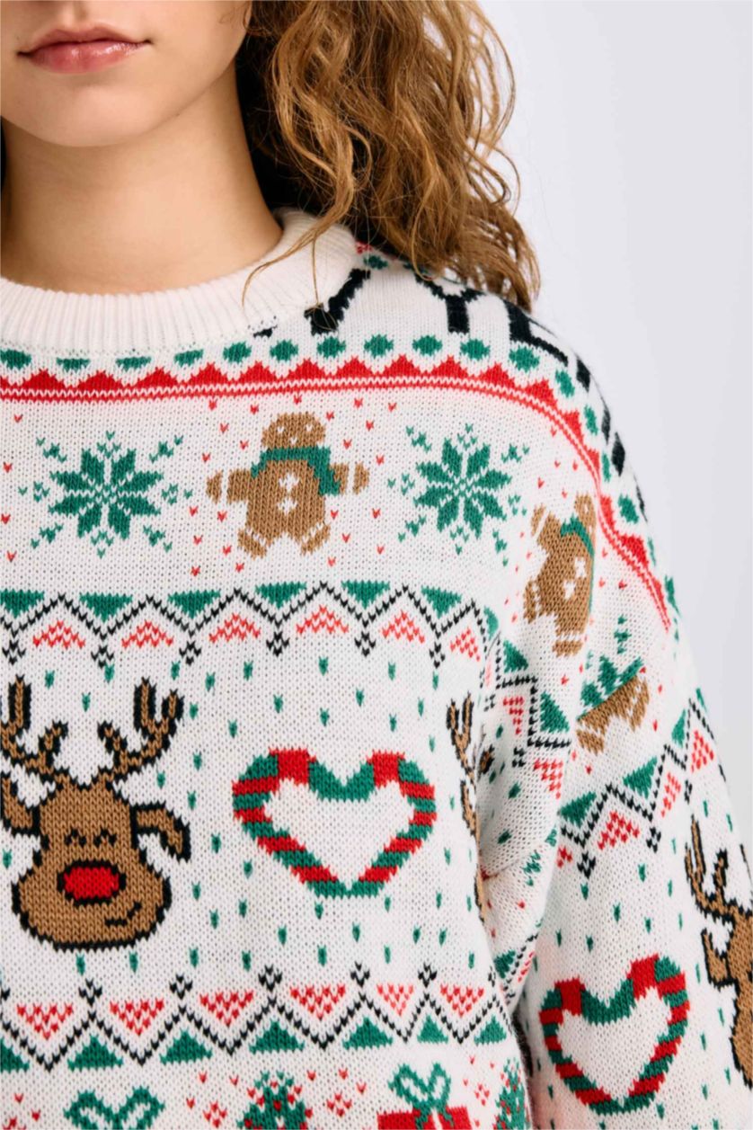 Kadın Ekru Yılbaşı Temalı Bisiklet Yaka Triko Kazak